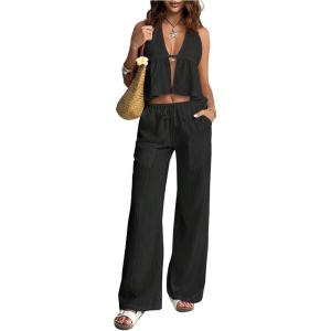image:imageSOLY HUX Womens Summer Vacation 2 Piece Outfits Sexy Deep V Neck Halter Tops and Pants SetsPure Black