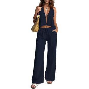 image:imageSOLY HUX Womens Summer Vacation 2 Piece Outfits Sexy Deep V Neck Halter Tops and Pants SetsPure Dark Blue