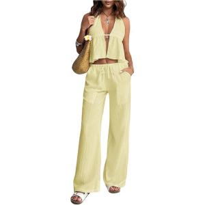 image:imageSOLY HUX Womens Summer Vacation 2 Piece Outfits Sexy Deep V Neck Halter Tops and Pants SetsPure Yellow