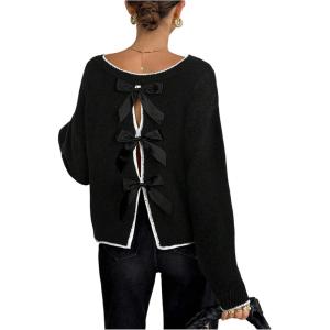 image:imageSOLY HUX Womens Sweaters Bowknot Backless Long Sleeve Knit Pullover Tops Fall ClothesBlack Bows