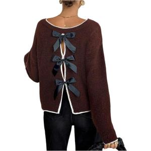 image:imageSOLY HUX Womens Sweaters Bowknot Backless Long Sleeve Knit Pullover Tops Fall ClothesBrown Bows