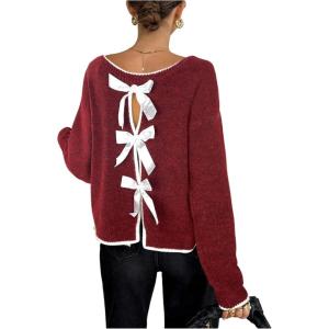 image:imageSOLY HUX Womens Sweaters Bowknot Backless Long Sleeve Knit Pullover Tops Fall ClothesBurgundy Bows