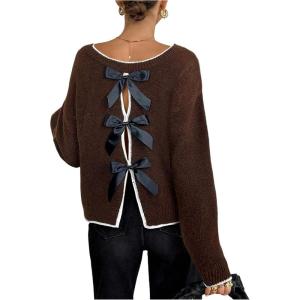 image:imageSOLY HUX Womens Sweaters Bowknot Backless Long Sleeve Knit Pullover Tops Fall ClothesCoffee Brown
