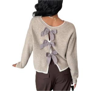 image:imageSOLY HUX Womens Sweaters Bowknot Backless Long Sleeve Knit Pullover Tops Fall ClothesKhaki Bows