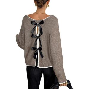 image:imageSOLY HUX Womens Sweaters Bowknot Backless Long Sleeve Knit Pullover Tops Fall ClothesLight Brown