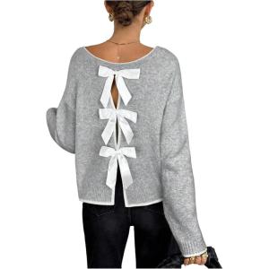 image:imageSOLY HUX Womens Sweaters Bowknot Backless Long Sleeve Knit Pullover Tops Fall ClothesLight Grey