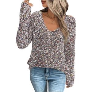 image:imageSOLY HUX Womens Sweaters Rainbow Pom V Neck Long Sleeve Knit Fall Trendy Pullover Sweater TopsBrown