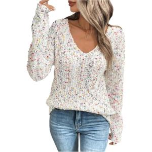 image:imageSOLY HUX Womens Sweaters Rainbow Pom V Neck Long Sleeve Knit Fall Trendy Pullover Sweater TopsMulticolor