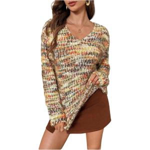 image:imageSOLY HUX Womens Sweaters Rainbow Pom V Neck Long Sleeve Knit Fall Trendy Pullover Sweater TopsMulticolor Fuzzy