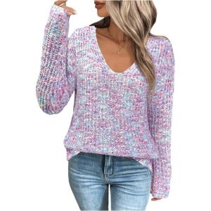 image:imageSOLY HUX Womens Sweaters Rainbow Pom V Neck Long Sleeve Knit Fall Trendy Pullover Sweater TopsMulticolor Pink