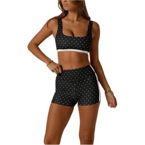 image:imageSOLY HUX Womens Tracksuit 2 Piece Outfits Polka Dots Crop Tank Tops and High Waisted Biker Shorts Workout SetsBlack and White