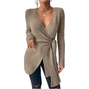 image:imageSOLY HUX Womens V Neck Wrap Tie Side Sweater Long Sleeve Knit Pullover Tops Fall ClothesPure Khaki