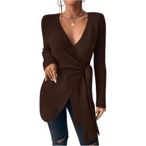 image:imageSOLY HUX Womens V Neck Wrap Tie Side Sweater Long Sleeve Knit Pullover Tops Fall ClothesPure Mocha Brown