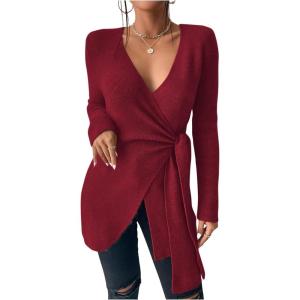 image:imageSOLY HUX Womens V Neck Wrap Tie Side Sweater Long Sleeve Knit Pullover Tops Fall ClothesPure Red