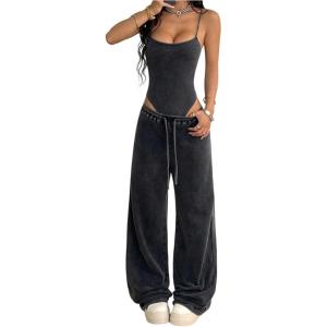 image:imageSOLY HUX Womens Y2k 2 Piece Set Sleeveless Bodysuit Drawstring Baggy Pants Country Concert Outfit StreetwearPlain Black
