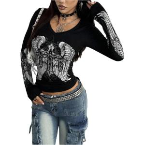 image:imageSOLY HUX Womens Y2k Gothic Graphic Tees V Neck Long Sleeve T Shirt Going Out Tops Punk Streetwear Alternative ClothesBlack Graphic