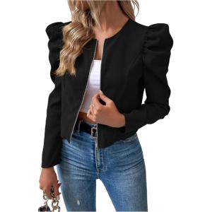 image:imageSOLY HUX Womens Zip Up Jacket Puff Long Sleeve Cropped Jacket Casual OuterwearPlain Black