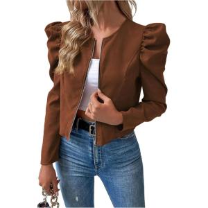 image:imageSOLY HUX Womens Zip Up Jacket Puff Long Sleeve Cropped Jacket Casual OuterwearPure Brown