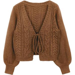 image:imageSOLY HUX Cardigan Sweaters for Women Cropped Tie Front Bow Lightweight Cardigan Long Sleeve Trendy Fall ShrugsPure Brown