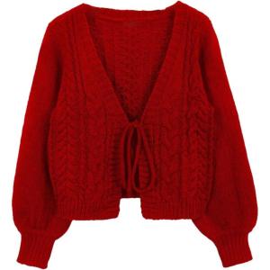 image:imageSOLY HUX Cardigan Sweaters for Women Cropped Tie Front Bow Lightweight Cardigan Long Sleeve Trendy Fall ShrugsPure Red