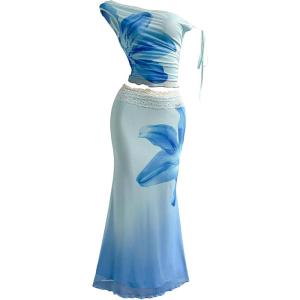 image:imageSOLY HUX Womens 2 Piece Outfit Floral Mesh Ruched One Shoulder Crop Tank Top and Bodycon Maxi Skirt SetBlue Floral