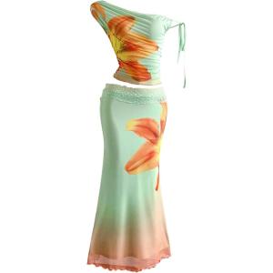 image:imageSOLY HUX Womens 2 Piece Outfit Floral Mesh Ruched One Shoulder Crop Tank Top and Bodycon Maxi Skirt SetGreen Floral