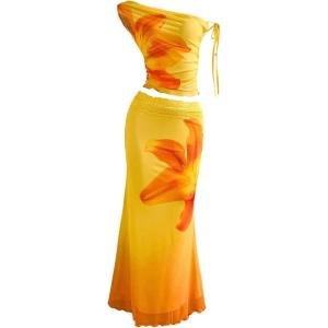 image:imageSOLY HUX Womens 2 Piece Outfit Floral Mesh Ruched One Shoulder Crop Tank Top and Bodycon Maxi Skirt SetMulticoloured Floral