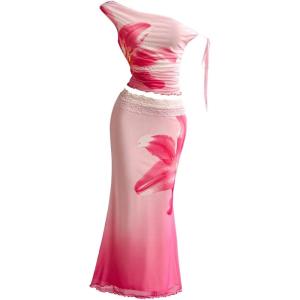 image:imageSOLY HUX Womens 2 Piece Outfit Floral Mesh Ruched One Shoulder Crop Tank Top and Bodycon Maxi Skirt SetPink Floral