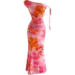 image:imageSOLY HUX Womens 2 Piece Outfit Floral Mesh Ruched One Shoulder Crop Tank Top and Bodycon Maxi Skirt SetPink Floral Print