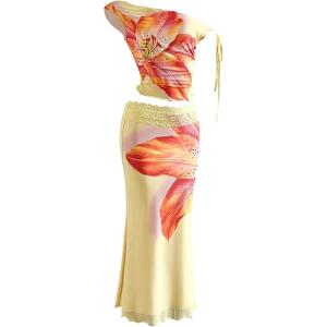 image:imageSOLY HUX Womens 2 Piece Outfit Floral Mesh Ruched One Shoulder Crop Tank Top and Bodycon Maxi Skirt SetYellow Floral