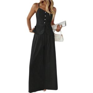 image:imageSOLY HUX Womens 2 Piece Summer Outfit Button Down Peplum Cami Top and Wide Leg Pants SetPure Black