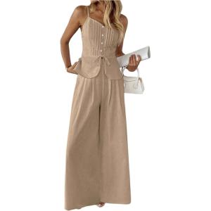 image:imageSOLY HUX Womens 2 Piece Summer Outfit Button Down Peplum Cami Top and Wide Leg Pants SetPure Khaki