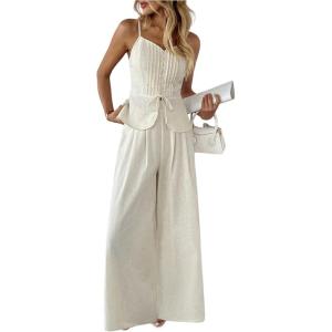 image:imageSOLY HUX Womens 2 Piece Summer Outfit Button Down Peplum Cami Top and Wide Leg Pants SetSolid White
