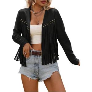 image:imageSOLY HUX Womens Faux Suede Fringe Trim Long Sleeve Open Front Cardigan Jacket Western Concert OutfitsPlain Black