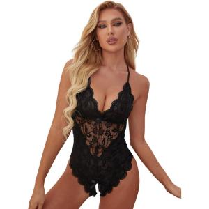 image:imageSOLY HUX Womens Floral Lace Scalloped Trim Criss Cross Back Lingerie Teddy BodysuitBlack