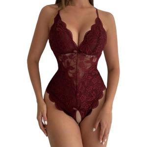 image:imageSOLY HUX Womens Floral Lace Scalloped Trim Criss Cross Back Lingerie Teddy BodysuitChocolate Brown