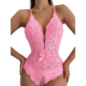 image:imageSOLY HUX Womens Floral Lace Scalloped Trim Criss Cross Back Lingerie Teddy BodysuitPlain Light Pink
