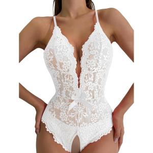 image:imageSOLY HUX Womens Floral Lace Scalloped Trim Criss Cross Back Lingerie Teddy BodysuitPlain White
