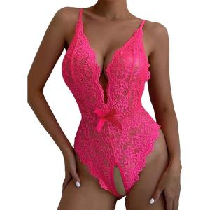 image:imageSOLY HUX Womens Floral Lace Scalloped Trim Criss Cross Back Lingerie Teddy BodysuitPure Hotpink