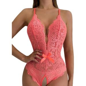 image:imageSOLY HUX Womens Floral Lace Scalloped Trim Criss Cross Back Lingerie Teddy BodysuitPure Watermelon Pink