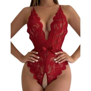 image:imageSOLY HUX Womens Floral Lace Scalloped Trim Criss Cross Back Lingerie Teddy BodysuitSolid Burgundy