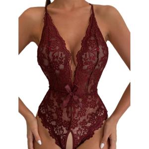 image:imageSOLY HUX Womens Floral Lace Scalloped Trim Criss Cross Back Lingerie Teddy BodysuitSolid Maroon