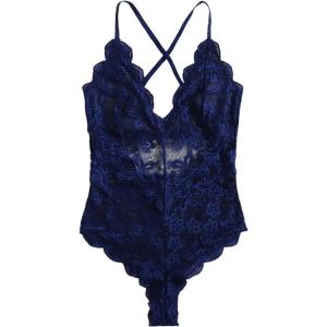 image:imageSOLY HUX Womens Floral Lace Scalloped Trim Criss Cross Back Lingerie Teddy BodysuitSolid Navy Blue