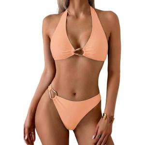 image:imageSOLY HUX Womens Halter Bikini Set V Neck Ring Linked Bathing Suit Summer Beach Two Piece SwimsuitSolid Orange