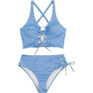 image:imageSOLY HUX Womens Plus Size Bikini Set Sexy Swimsuit Lace Up Tummy Control 2 Piece Bathing SuitGlitter Light Blue