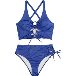image:imageSOLY HUX Womens Plus Size Bikini Set Sexy Swimsuit Lace Up Tummy Control 2 Piece Bathing SuitPlain Blue