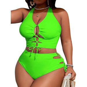 image:imageSOLY HUX Womens Plus Size Bikini Set Sexy Swimsuit Lace Up Tummy Control 2 Piece Bathing SuitPlain Green