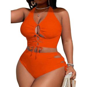 image:imageSOLY HUX Womens Plus Size Bikini Set Sexy Swimsuit Lace Up Tummy Control 2 Piece Bathing SuitPlain Orange
