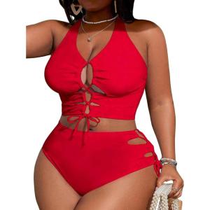 image:imageSOLY HUX Womens Plus Size Bikini Set Sexy Swimsuit Lace Up Tummy Control 2 Piece Bathing SuitPlain Red