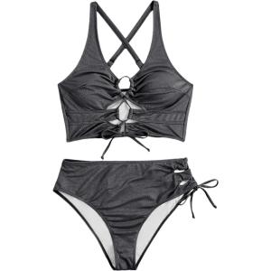 image:imageSOLY HUX Womens Plus Size Bikini Set Sexy Swimsuit Lace Up Tummy Control 2 Piece Bathing SuitPlain Silver